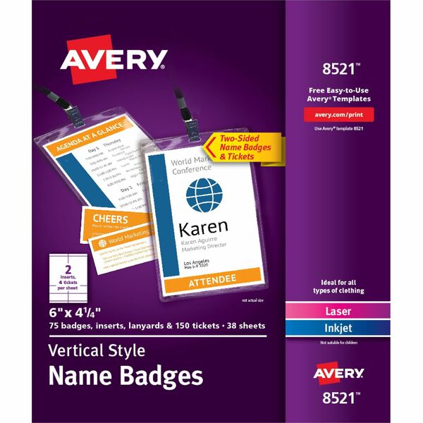 Avery&reg; Vertical Name Badges with Tickets Kit for Laser and Inkjet Printers, 4-1/4" x 6" - PVC Plastic - White - 1 / Box