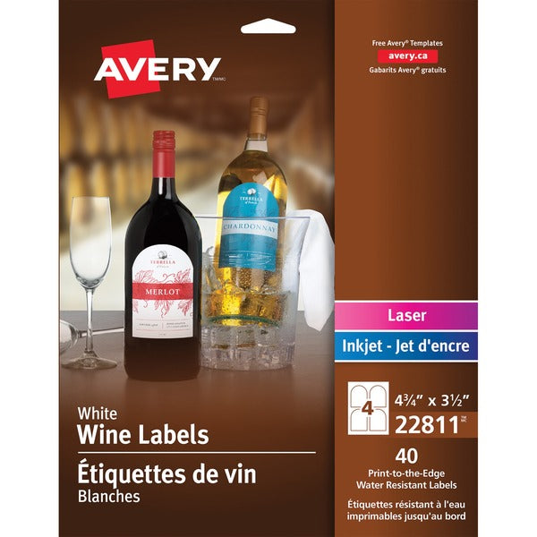 Avery&reg; White Arched Wine Bottle Labels 4¾" x 3½" , Permanent Adhesive, for Laser and Inkjet Printers - 4 3/4" Height x 3 1/2" Width - Permanent Adhesive - Arched Rectangle - Laser, Inkjet - White - 4 / Sheet - 10 Total Sheets - 40 / Pack - Water Resis