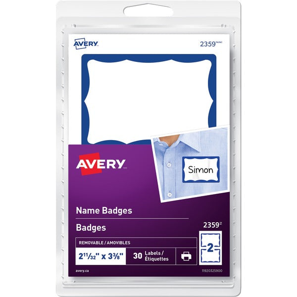 Avery&reg; Name Badge Labels for Laser or Inkjet Printers, 2 11/32" x 3?" , Blue Border - 2 11/32" Height x 3 3/8" Width - Removable Adhesive - Rectangle - Laser, Inkjet - 2 / Sheet - 15 Total Sheets - 30 / Pack