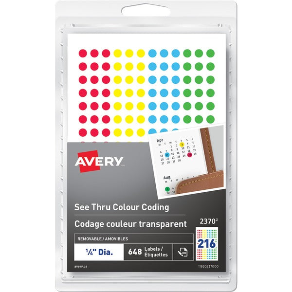 Avery&reg; See Thru Removable Colour Coding Labels Handwrite, ¼" - - Height1/4" Diameter - Removable Adhesive - Round - Laser, Inkjet - Red, Yellow, Green, Blue - 216 / Sheet - 3 Total Sheets - 648 / Pack