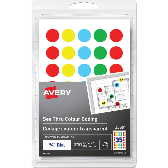 Avery&reg; See Thru Removable Colour Coding LabelsHandwrite, 3/4" - 3/4" (19.05 mm) Diameter - Removable Adhesive - Round - Laser, Inkjet - Red, Yellow, Green, Blue - 35 / Sheet - 6 Total Sheets - 210 / Pack