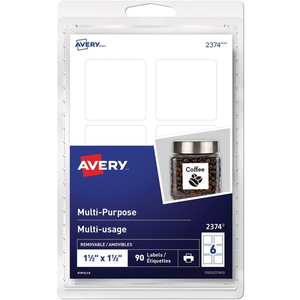 Avery&reg; Multi-Purpose Removable Labels for Laser and Inkjet Printers, 1½" x 1½" - 1 1/2" Height x 1 1/2" Width - Removable Adhesive - Square - Inkjet, Laser - White - 6 / Sheet - 15 Total Sheets - 90 / Pack