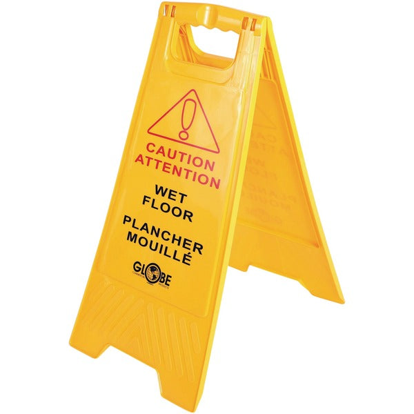 Globe Wet Floor Sign English/French - Print/Message "Caution Wet Floor" - 17" (431.80 mm) Width x 33" (838.20 mm) Height - Rectangular Shape - Foldable, Durable - Plastic - Yellow - 1 Each