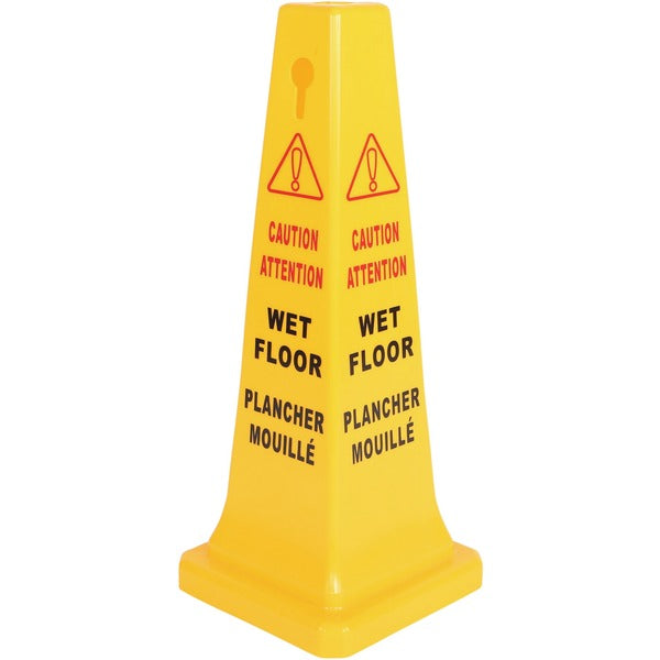 Globe Safety Cone English-French - Small/ 26"H / Yellow - French, English - 10.50" (266.70 mm) Width x 26" (660.40 mm) Height x 10.50" (266.70 mm) Depth - Rectangular Shape - Foldable, Durable, Bilingual - Plastic - Yellow, Yellow - 1 Each