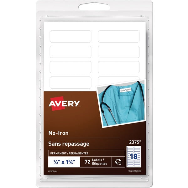 Avery&reg; White No-Iron Fabric LabelsHandwrite, 1/2" x 1-3/4" - 1/2" (12.70 mm) Height x 1 3/4" (44.45 mm) Width - Permanent Adhesive - Rectangle - Glossy - White - Fabric - Adhesive, Write-on Label, Peel-off, Durable, Dryer Safe, Washable - 18 / Sheet -