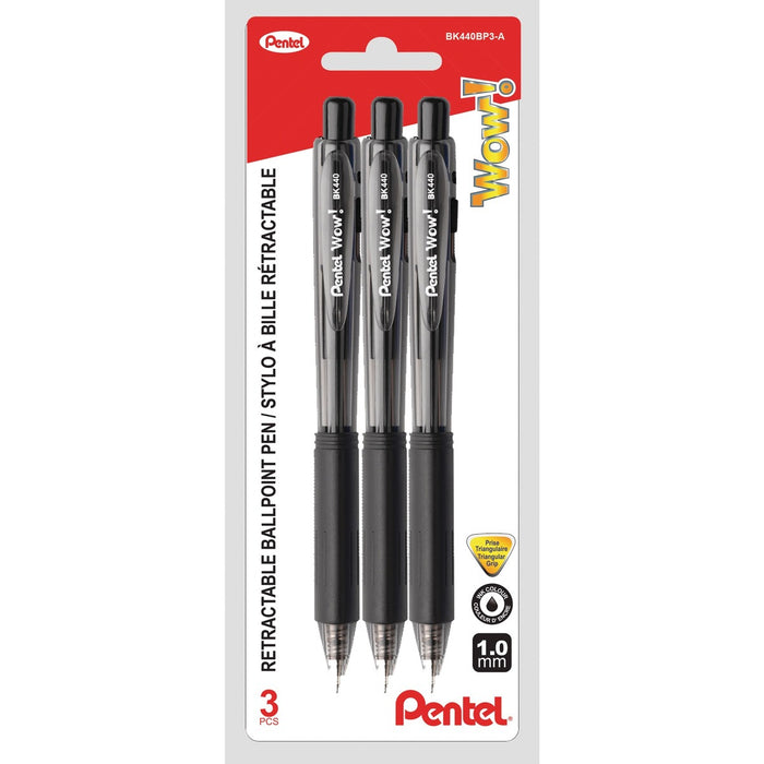 Pentel WOW! Ballpoint Pen - Retractable - Black Ink - Black Triangular Barrel - 3 / Pack