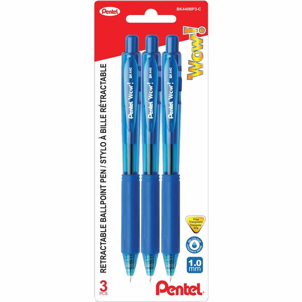 Pentel WOW! Ballpoint Pen - 0.7 mm (0.03") Medium Pen Point - Retractable - Blue Ink - Translucent Blue Barrel - 3 / Pack