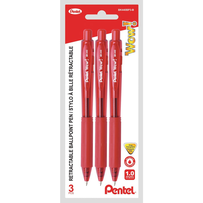 Pentel WOW! Ballpoint Pen - Retractable - Red Ink - Red Triangular Barrel - 3 / Pack