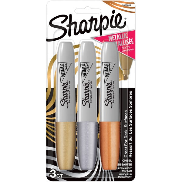 Sharpie Metallic Ink Chisel Tip Permanent Markers - Chisel Marker Point - Gold Metallic, Silver Metallic, Bronze Metallic Ink - 3 / Pack