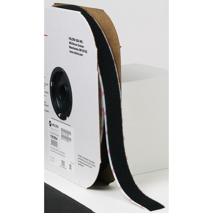 VELCRO&reg; Self-Adhesive Strips - 25 yd (22.9 m) Length x 1" (25.4 mm) Width - Black - Nylon Roll - 1 Each
