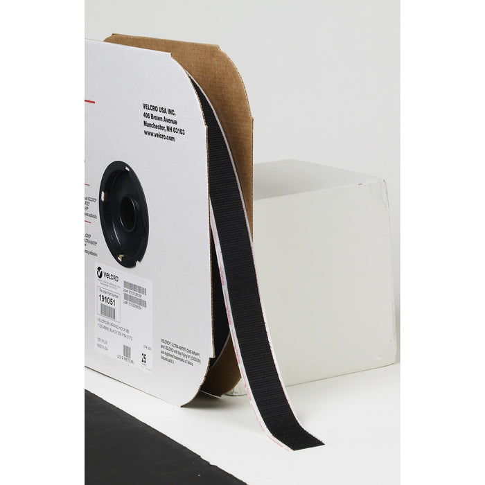 VELCRO&reg; Self-Adhesive Strips - 25 yd (22.9 m) Length x 1" (25.4 mm) Width - Black - Acrylic, Nylon - Desktop Dispenser Roll - 1 Each