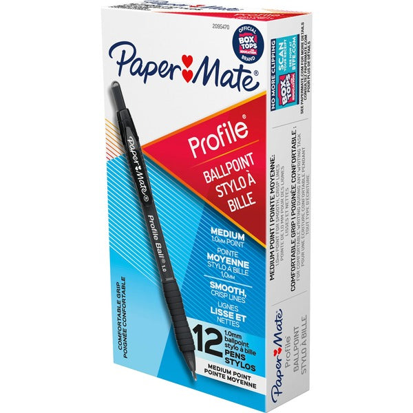 Paper Mate Profile 1.0mm Ballpoint Pens - 1 mm (0.04") Medium Conical Pen Point - Retractable - Black Ink - Black Barrel - 12 / Pack