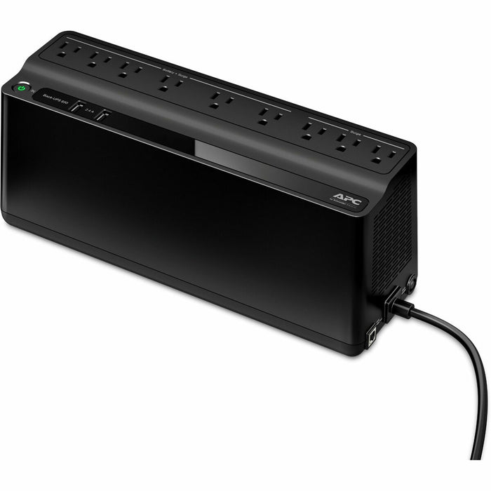 APC Back-UPS 850VA, 120V, 2 USB charging ports, 9 NEMA outlets (3 surge) - 50 VA / 450 W backup battery power supply. 9 outputs (NEMA 5-15R): 6 UPS backup batteries with surge protection outlets, and 3 surge protection outlets. Two USB charging ports (2.4