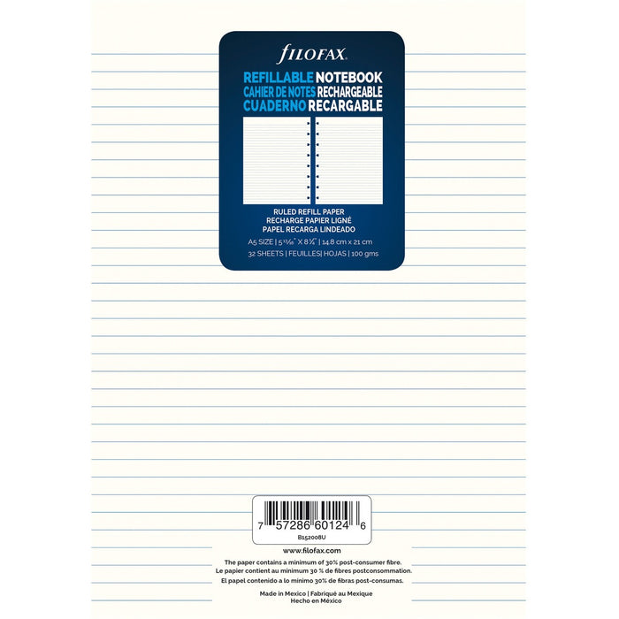 Filofax A5 Notebook Refill - 32 Sheets - Ruled Front Ruling - A5 - 5 4/5" (14.73 cm) x 8 19/64" (21.08 cm) Sheet Size - Sturdy, Resist Bleed-through, Hole-punched, Repositionable - 1 Each
