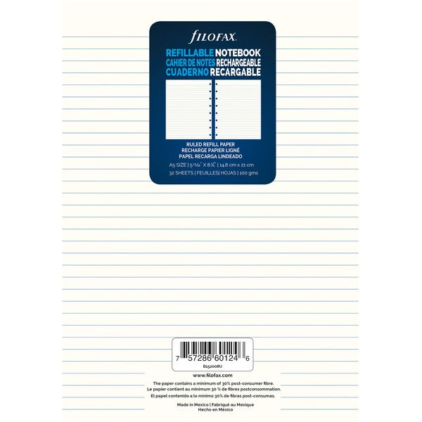 Filofax A5 Notebook Refill - 32 Sheets - Ruled Front Ruling - A5 - 5 4/5" (147.32 mm) x 8 19/64" (210.82 mm) Sheet Size - Sturdy, Resist Bleed-through, Hole-punched, Repositionable - 1 Each