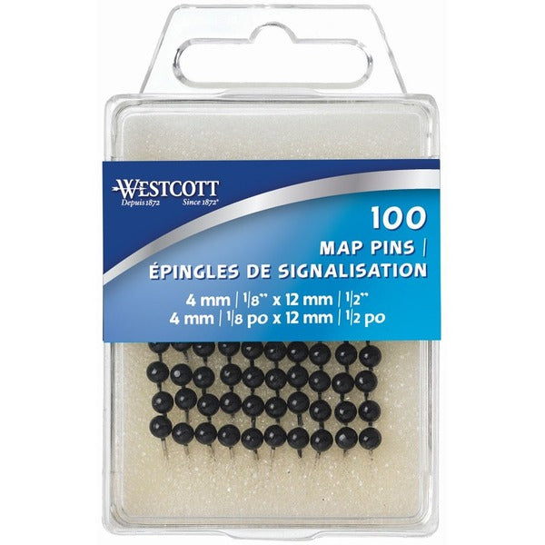 Westcott Map Pins - Black - 0.16" (4 mm) Head - for Maps - Black - 100 / Box