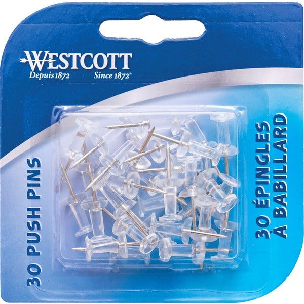 Westcott Push Pins - Clear - for Maps, Pictures, Notes, Wall, Corkboard, Bulletin Board - Clear - 30 / Box