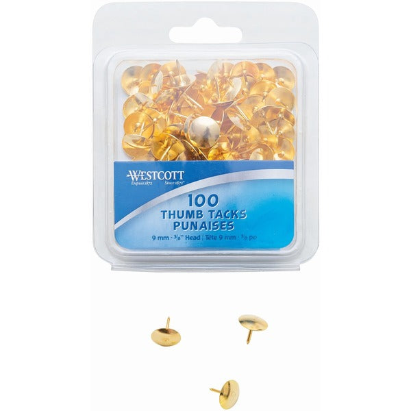 Westcott Brass Thumb Tacks (3/8" dia.), 100/clamshell - 0.37" (9.52 mm) Head - for Memo, Pictures - Smooth - Brass - 100 / Box