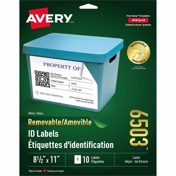 Avery&reg; Removable ID Labels for Laser and Inkjet Printers, 8-1/2" x 11" - 8 1/2" Width x 11" Length - Removable Adhesive - Rectangle - Laser, Inkjet - White - 1 / Sheet - 10 Total Sheets - 10 Total Label(s) - 10 / Pack