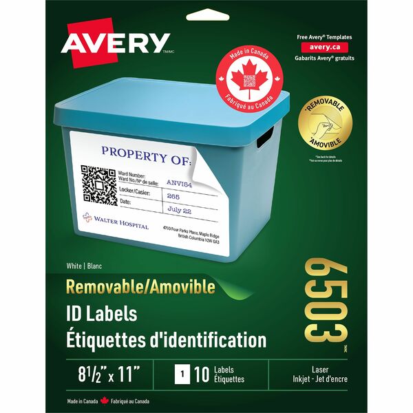 Avery&reg; Removable ID Labelsfor Laser and Inkjet Printers, 8-1/2" x 11" - 8 1/2" (215.90 mm) Width x 11" (279.40 mm) Length - Removable Adhesive - Rectangle - Laser, Inkjet - White - 1 / Sheet - 10 Total Sheets - 10 Total Label(s) - 10 / Pack