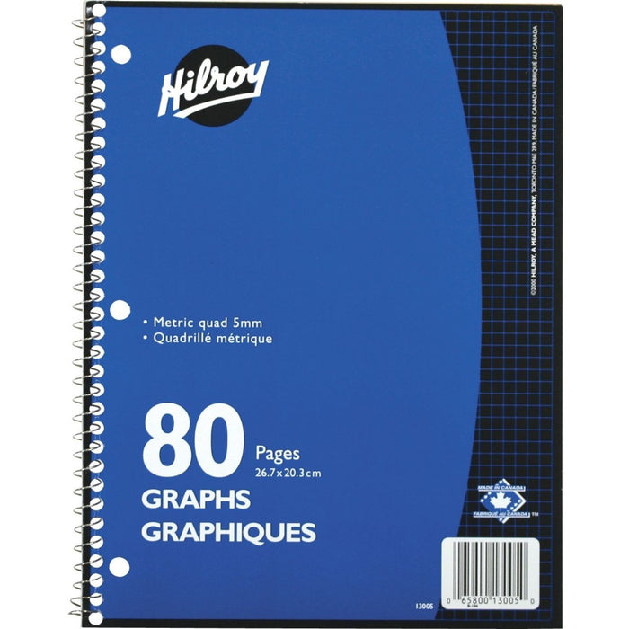 Hilroy Spiral Notebook - 80 Pages - Spiral - Quad Ruled Front Ruling - 3 Hole(s) - 10.50" (266.70 mm) Height x 8" (20.32 cm) Width - Hole-punched - 1 Each