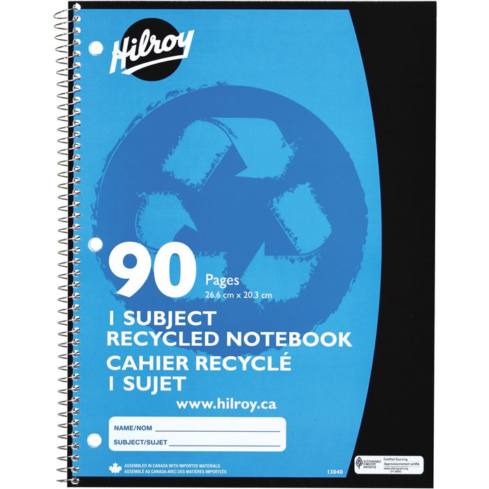 Hilroy Recycled Notebook - 45 Sheets - 90 Pages - Ruled Margin - 10 1/2" (26.67 cm) x 8" (20.32 cm) Sheet Size - Spiral Bound - Recycled - 1 Each