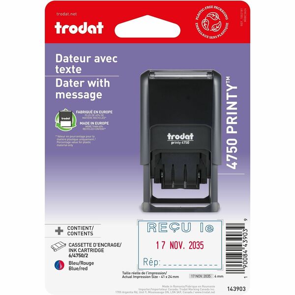 Printy Dater 4750 Self-Inking Date Stamp - French - Date Stamp - REÇU LE - 12 Year Band - Plastic Plastic - 1 Each