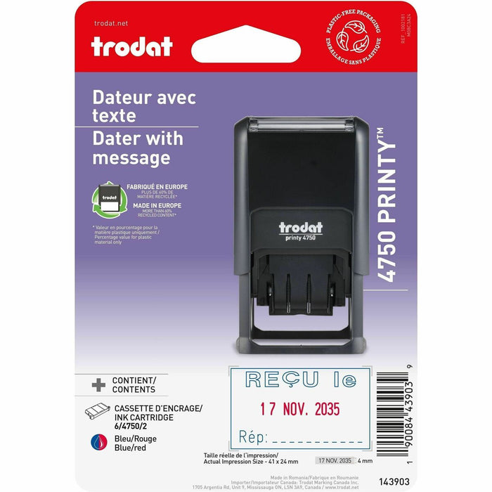 Printy Dater 4750 Self-Inking Date Stamp - French - Date Stamp - REÇU LE - 12 Year Band - Plastic Plastic - 1 Each