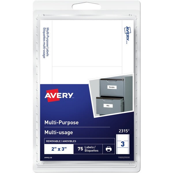 Avery&reg; Multi-Purpose Removable Labels for Laser and Inkjet Printers, 2" x 3" - 2" Width x 3" Length - Removable Adhesive - Rectangle - Inkjet, Laser - White - 3 / Sheet - 25 Total Sheets - 75 Total Label(s) - 75 / Pack