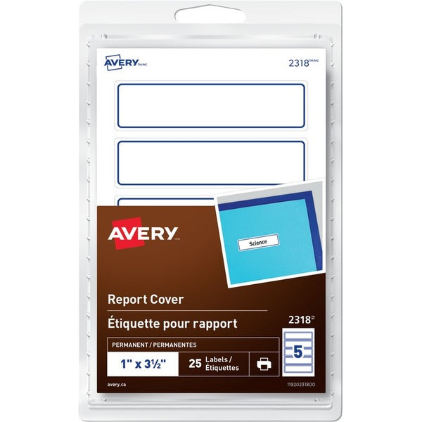 Avery&reg; Report Cover Labels for Laser and Inkjet Printers, 1" x 3½" - 1" Width x 3 1/2" Length - Permanent Adhesive - Rectangle - Inkjet, Laser - White, Blue - Vinyl - 5 / Sheet - 5 Total Sheets - 25 Total Label(s) - 25 / Pack