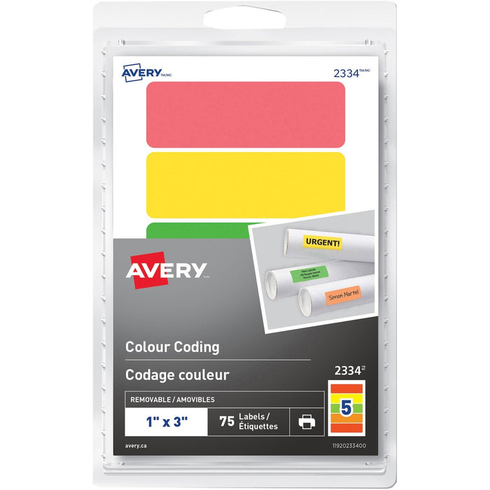 Avery&reg; Removable Rectangular Colour Coding Labelsfor Laser or Inkjet Printers, 1" x 3" - 1" (25.40 mm) Width x 3" (76.20 mm) Length - Removable Adhesive - Rectangle - Green, Orange, Red, Yellow - 5 / Sheet - 15 Total Sheets - 75 Total Label(s) - 75 /