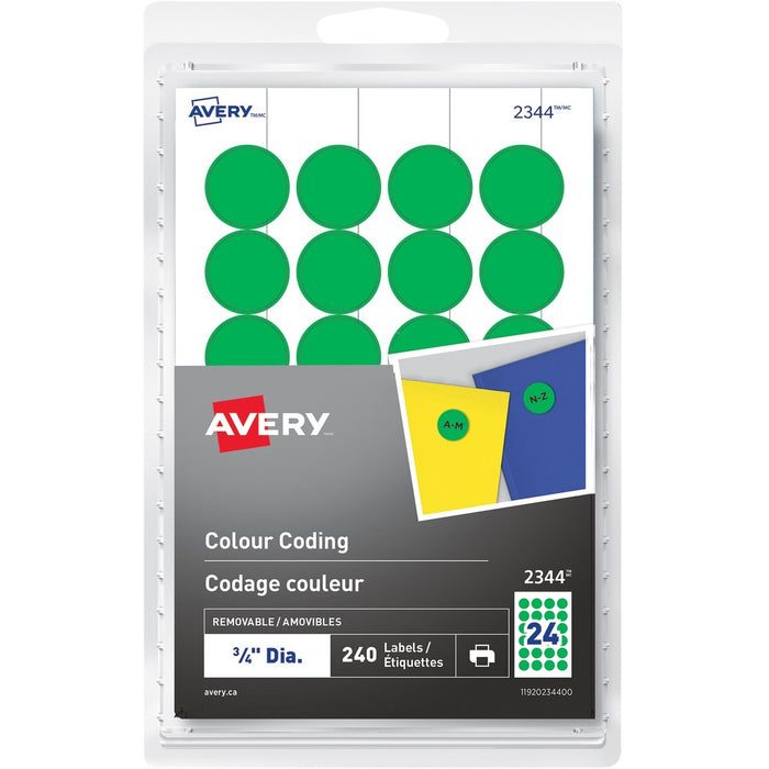 Avery&reg; Removable Colour Coding Labelsfor Laser and Inkjet Printers, 3/4" , Green - - HeightRemovable Adhesive - Round - Laser, Inkjet - Green - 24 / Sheet - 10 Total Sheets - 240 Total Label(s) - 240 / Pack