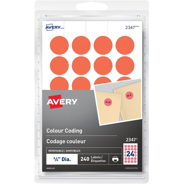 Avery&reg; Removable Colour Coding Labels for Laser and Inkjet Printers, ¾" , Red - - Width3/4" Diameter - Removable Adhesive - Round - Inkjet, Laser - Neon Red - 24 / Sheet - 10 Total Sheets - 240 Total Label(s) - 240 / Pack