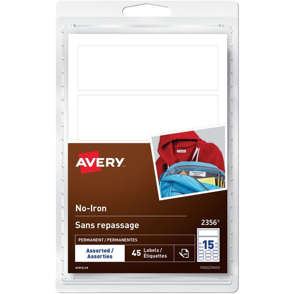 Avery&reg; No-Iron Clothing Labels Handwrite, Assorted Sizes - Permanent Adhesive - Rectangle, Oval - White - 15 / Sheet - 3 Total Sheets - 45 Total Label(s) - 45 / Pack