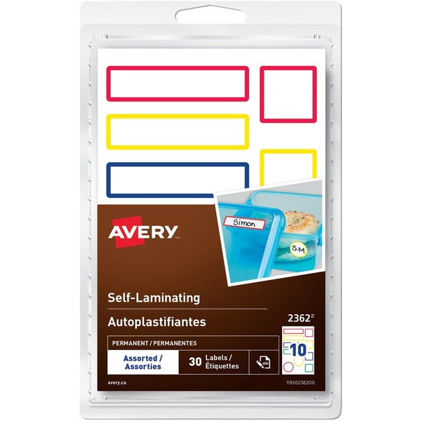 Avery&reg; Self-Laminating Labels Handwrite, Assorted Sizes - Waterproof - Permanent Adhesive - Assorted - Blue, Green, Red, Yellow - 10 / Sheet - 3 Total Sheets - 30 Total Label(s) - 30 / Pack - Write-on Label, Self-laminating, Durable, Wipeable, Fade Re