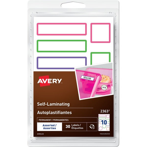 Avery&reg; Self-Laminating Labels Handwrite, Assorted Sizes - Waterproof - Permanent Adhesive - Neon Green, Neon Orange, Neon Pink, Neon Purple - 10 / Sheet - 3 Total Sheets - 30 Total Label(s) - 30 / Pack - Write-on Label, Self-laminating, Durable, Wipea