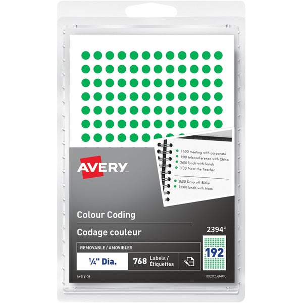 Avery&reg; Color Coded Label - - Height1/4" Diameter - Removable Adhesive - Round - Green - 768 / Pack