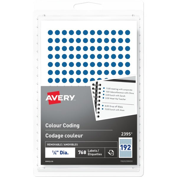 Avery&reg; Removable Colour Coding Labels Handwrite, ¼" - - Height1/4" Diameter - Removable Adhesive - Round - Blue - 192 / Sheet - 4 Total Sheets - 768 Total Label(s) - 768 / Pack