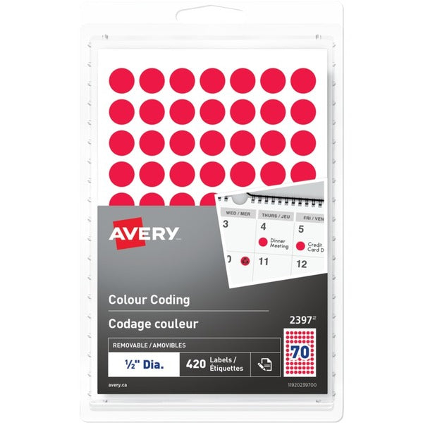 Avery&reg; Removable Colour Coding LabelsHandwrite, 1/2" , Red - 1/2" (12.70 mm) Diameter - Removable Adhesive - Round - Red - 70 / Sheet - 6 Total Sheets - 420 Total Label(s) - 420 / Pack