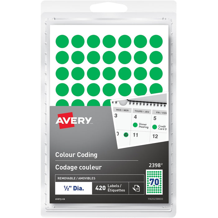 Avery&reg; Removable Colour Coding LabelsHandwrite, 1/2" , Green - 1/2" (12.70 mm) Diameter - Removable Adhesive - Round - Green - Paper - 420 / Pack