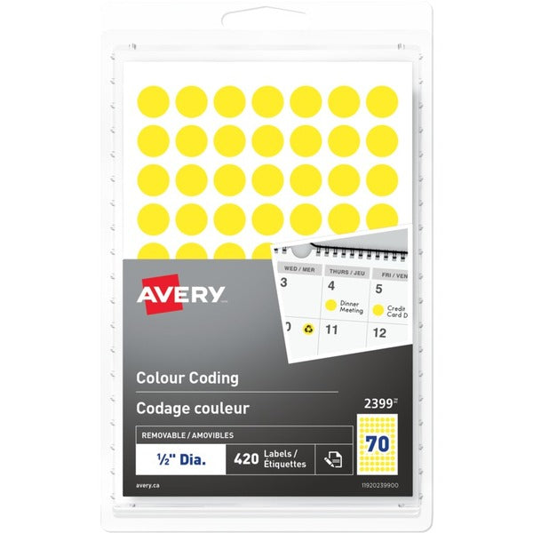 Avery&reg; Removable Colour Coding LabelsHandwrite, 1/2" , Yellow - 1/2" (12.70 mm) Diameter - Removable Adhesive - Round - Yellow - 70 / Sheet - 6 Total Sheets - 420 Total Label(s) - 768 / Pack