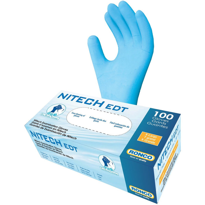 RONCO NITECH EDT Examination Gloves - 5 mil (0.13 mm) Thickness - Wet Protection - Extra Large Size - Blue - Latex-free, Sweat Resistant - For Food, Medical, General Purpose - 100 / Box