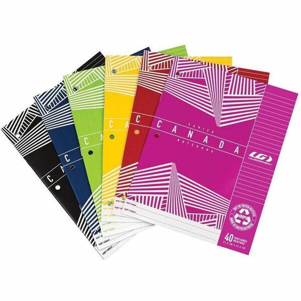 Louis Garneau Ruled Canada Notebook - 20 Sheets - 40 Pages - Ruled Front Ruling - 3 Hole(s) - 11" (279.40 mm) x 8" (203.20 mm) Sheet Size - 10.87" (276 mm) Height x 8.39" (213 mm) Width - Hole-punched, Laminated - Recycled - 1 Each