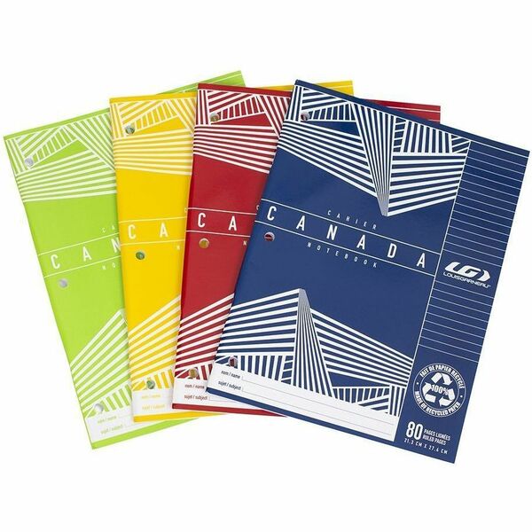 Louis Garneau Ruled Canada Notebook - 40 Sheets - 80 Pages - Ruled Margin - 3 Hole(s) - 11" (27.94 cm) x 8" (20.32 cm) Sheet Size - 10.87" (276 mm) Height x 8 25/64" (21.30 cm) Width - Laminated Paper Cover - Hole-punched - Recycled - 1 Each