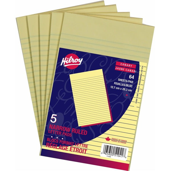 Hilroy Small Letter Pads, 5×8-Inch, Narrow Ruled, Canary, 64-Sheets Each, Pack of 5 - 64 Sheets - Printed - Narrow Ruled Front Ruling - 5" (127 mm) x 8" (203.20 mm) Sheet Size - Canary Paper - 5 / Pack