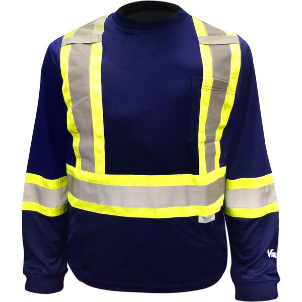 Viking Safety Cotton Lined Long Sleeve Shirt - Recommended for: Outdoor, Warehouse - Large - Ultraviolet Protection - Strap Closure - Polyester, Cotton - Blue - Breathable, Comfortable, High Visibility, Non-irritating, Reflective, Pocket, Hook & Loop Clos