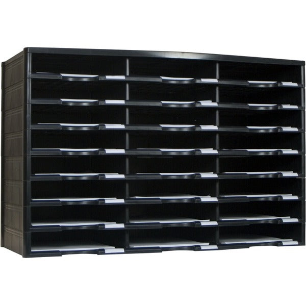 Storex 24 Compartment Literature Sorter, Black - 24 Compartment(s) - Compartment Size : 9.50" (241.30 mm) x 12" (304.80 mm) - 20.5" (520.70 mm) Height x 14.1" (358.78 mm) Width x 31.4" (796.93 mm) Depth - Black - Polystyrene, Plastic, Cardboard - 1 Each