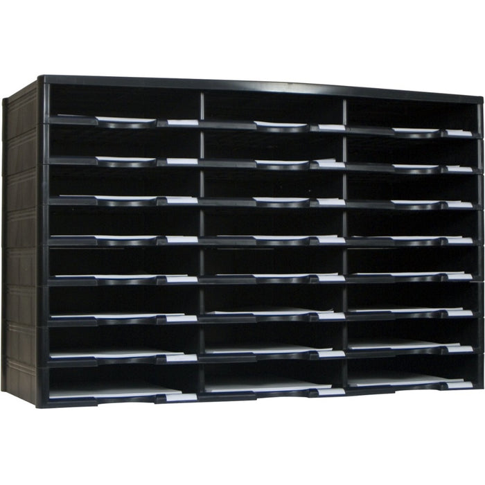 Storex 24 Compartment Literature Sorter, Black - 24 Compartment(s) - Compartment Size : 9.50" (241.30 mm) x 12" (304.80 mm) - 20.5" (520.70 mm) Height x 14.1" (358.78 mm) Width x 31.4" (796.93 mm) Depth - Black - Polystyrene, Plastic, Cardboard - 1 Each