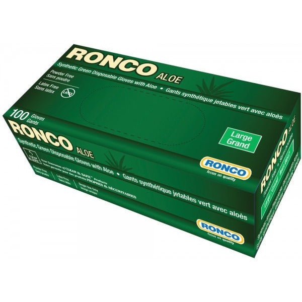 RONCO Aloe Synthetic Stretch Disposable Gloves - 5 mil (0.13 mm) Thickness - Hand Protection - Medium Size - Green - Flexible, Durable - For Food, Automotive, Dental, Environmental Service, Beverage, Meat Processing, Fish Processing, Hospitality, Poultry