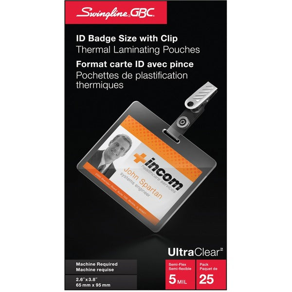 Swingline GBC Heatseal Ultraclear Laminating Pouch - Sheet Size Supported: Badge Card 3.37" (85.60 mm) Width x 2.13" (53.97 mm) Length - Laminating Pouch/Sheet Size: 5 mil (0.13 mm) Thickness - for Document - Crystal Clear - 25 / Pack